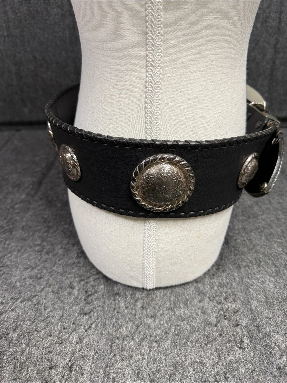 Big AL Vintage Western Black Leather Belt with Silver Engraved Buckle